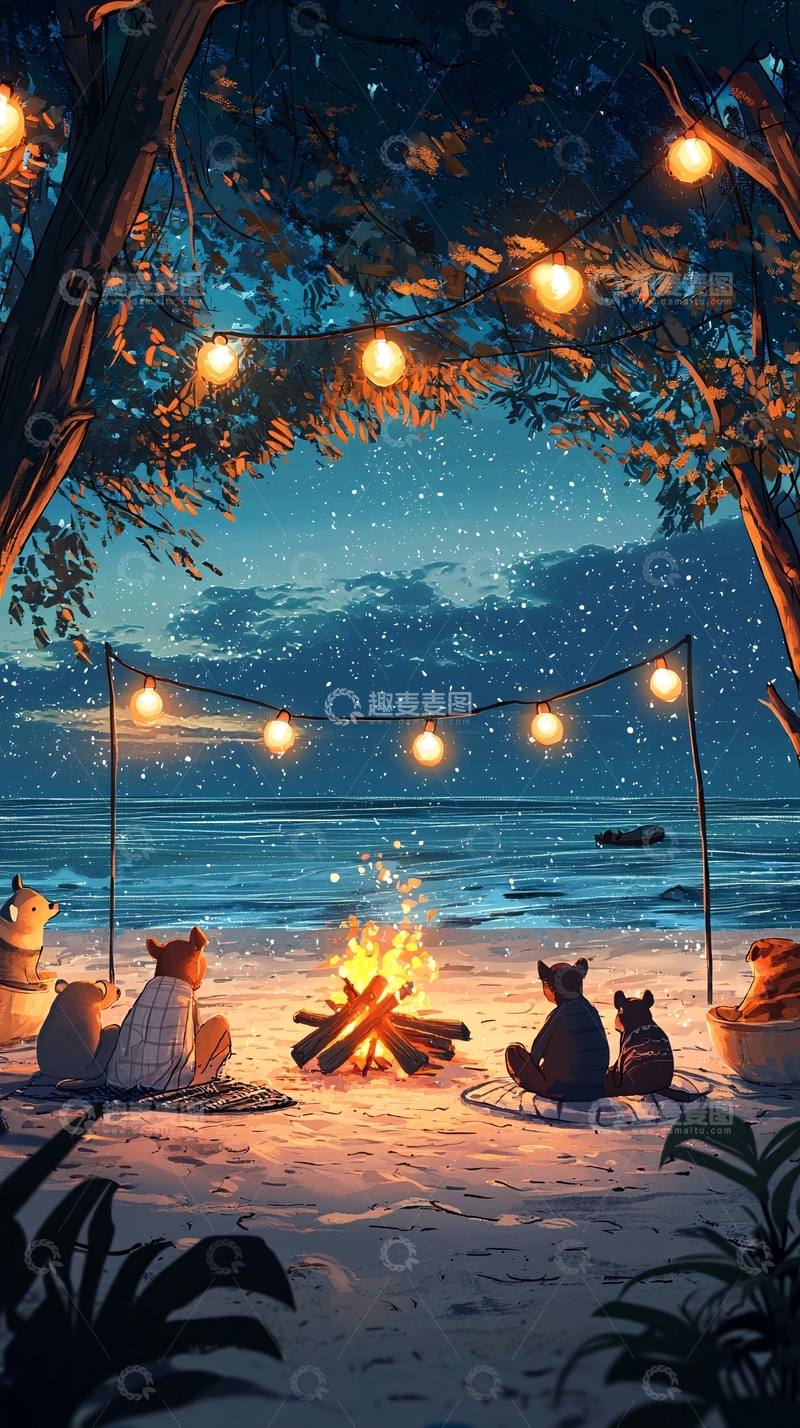 高清大图下载【趣麦麦图】篝火晚会海边夜景