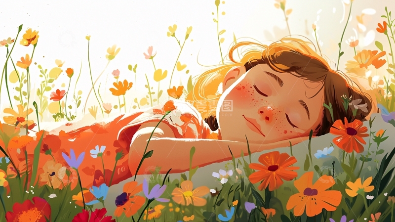 高清大图下载【趣麦麦图】女孩在花田里睡觉