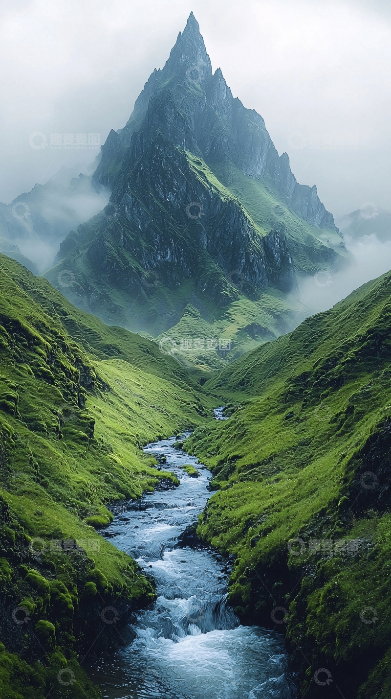 高清大图下载【趣麦麦图】雾气缭绕的山峰与溪流