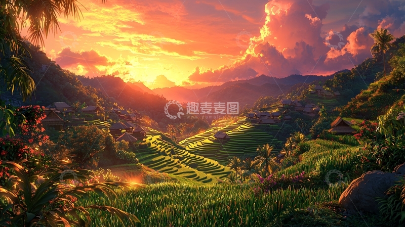 高清大图下载【趣麦麦图】日落山谷田园风光