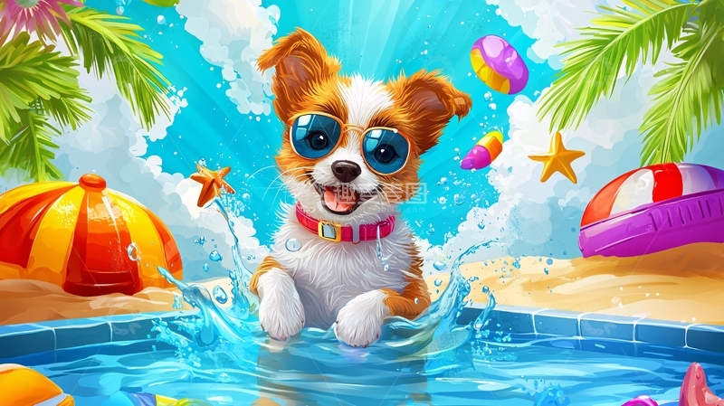 高清大图下载【趣麦麦图】戴墨镜的小狗戏水