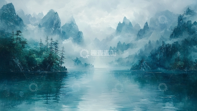 高清大图下载【趣麦麦图】雾气弥漫的山峰湖泊