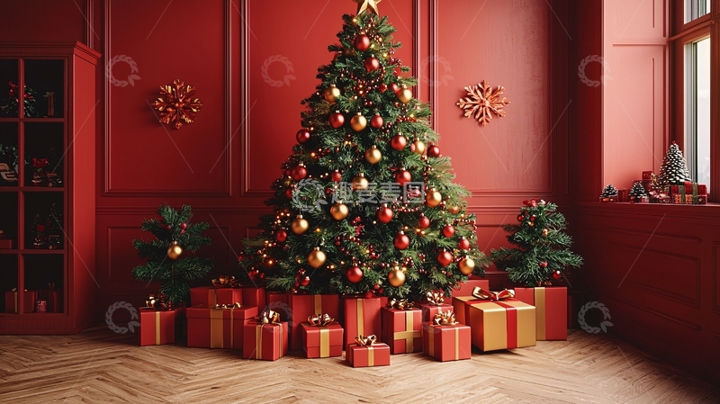 高清大图下载【趣麦麦图】红色房间圣诞树礼物