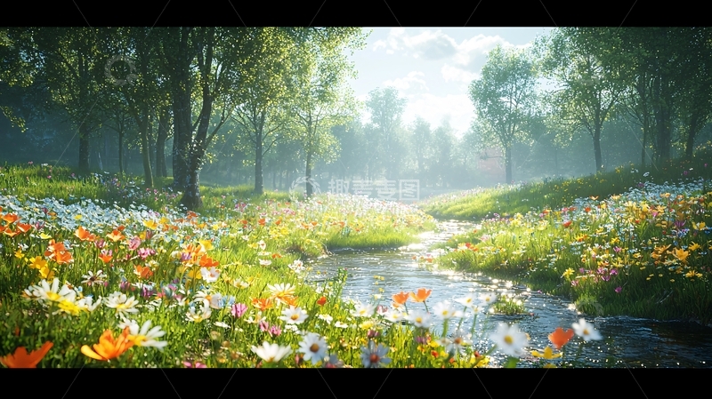 高清大图下载【趣麦麦图】阳光森林溪流花海