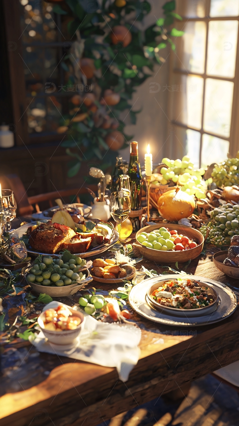 温暖阳光下的丰盛餐桌