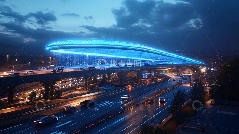 高清大图下载【趣麦麦图】蓝色光带桥梁夜景