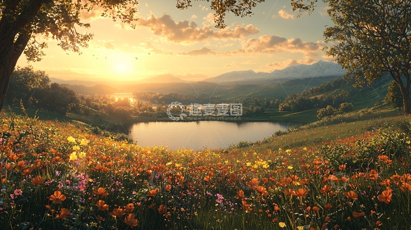 高清大图下载【趣麦麦图】日出湖光山色花海