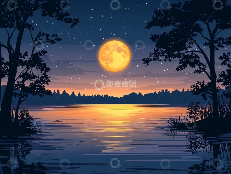 高清大图下载【趣麦麦图】湖面上的满月星空夜景