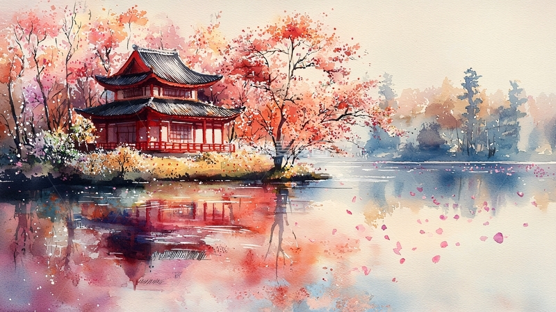 高清大图下载【趣麦麦图】日式建筑在湖边