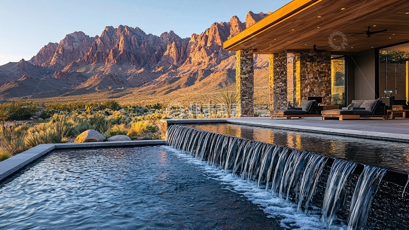 高清大图下载【趣麦麦图】山脉背景的现代泳池别墅