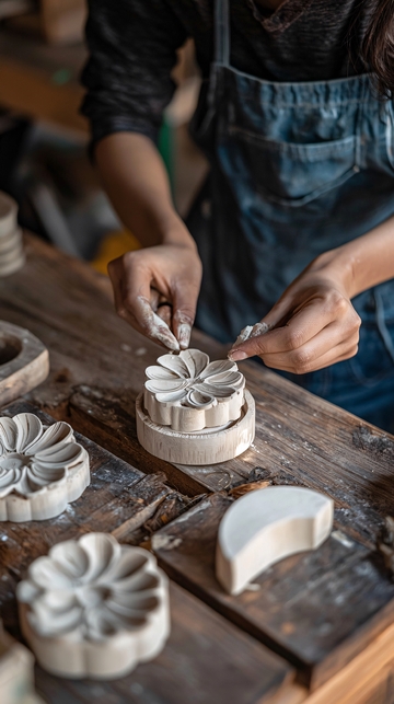 女子手工制作陶瓷花朵模具