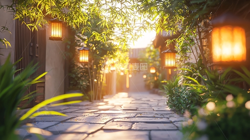 高清大图下载【趣麦麦图】清晨阳光下的中式庭院小路