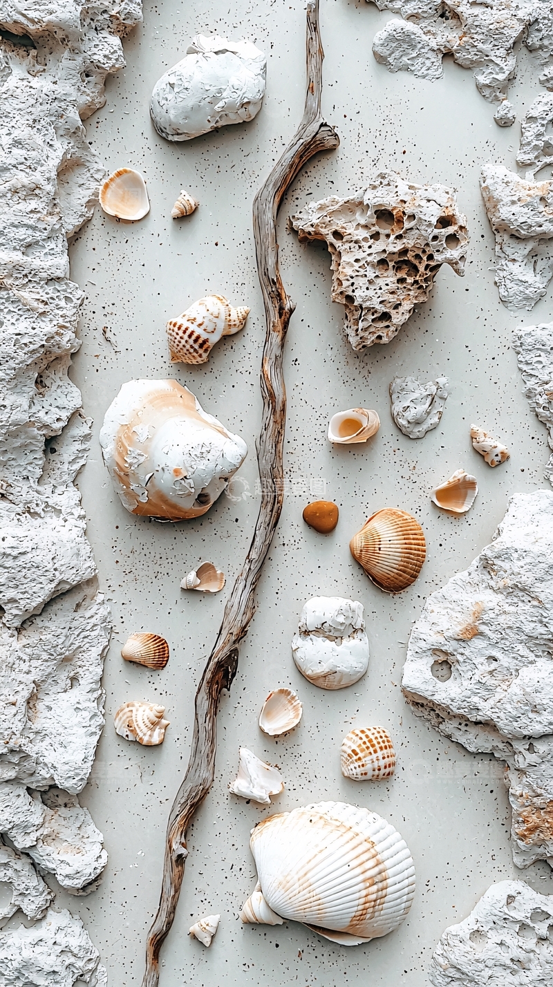 高清大图下载【趣麦麦图】海边贝壳与木枝摆拍