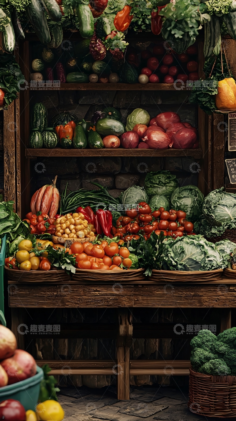 高清大图下载【趣麦麦图】木制货架上的新鲜蔬菜水果