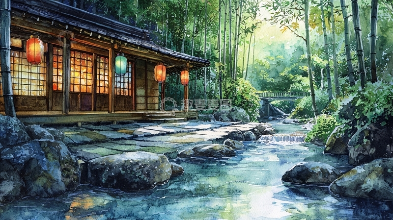 高清大图下载【趣麦麦图】竹林小溪旁的日式木屋