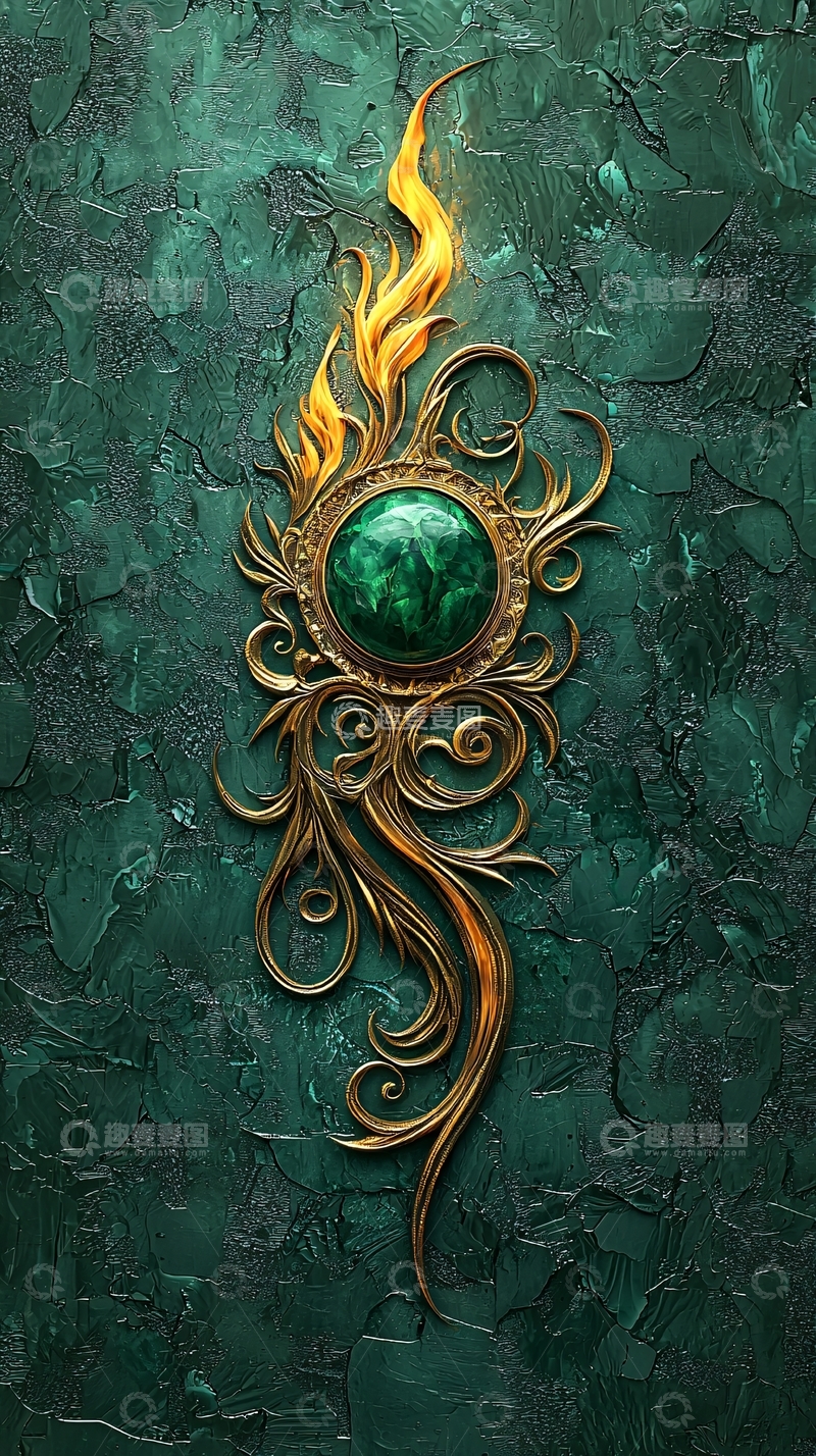 高清大图下载【趣麦麦图】翠绿宝石金色火焰装饰物