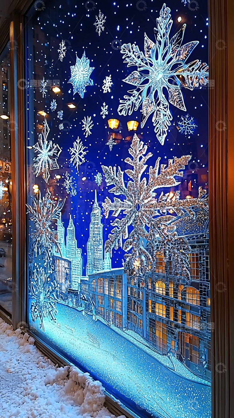高清大图下载【趣麦麦图】蓝色夜色雪花橱窗