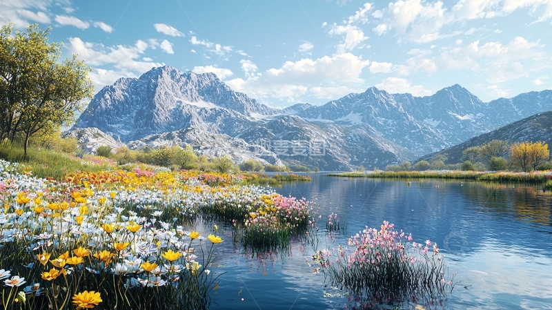 高清大图下载【趣麦麦图】阳光明媚的山谷湖泊