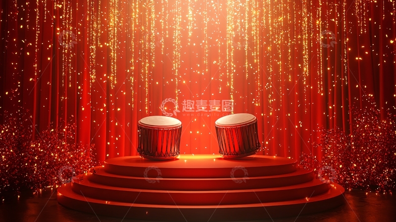 高清大图下载【趣麦麦图】-舞台灯光红幕布鼓