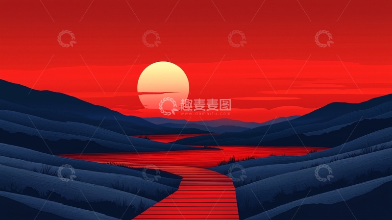 高清大图下载【趣麦麦图】红色夕阳山谷河流