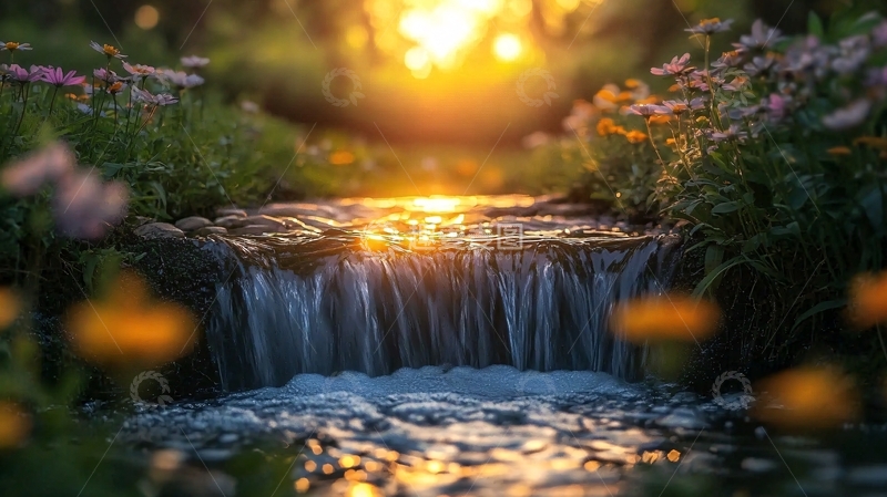 高清大图下载【趣麦麦图】夕阳下的宁静小瀑布