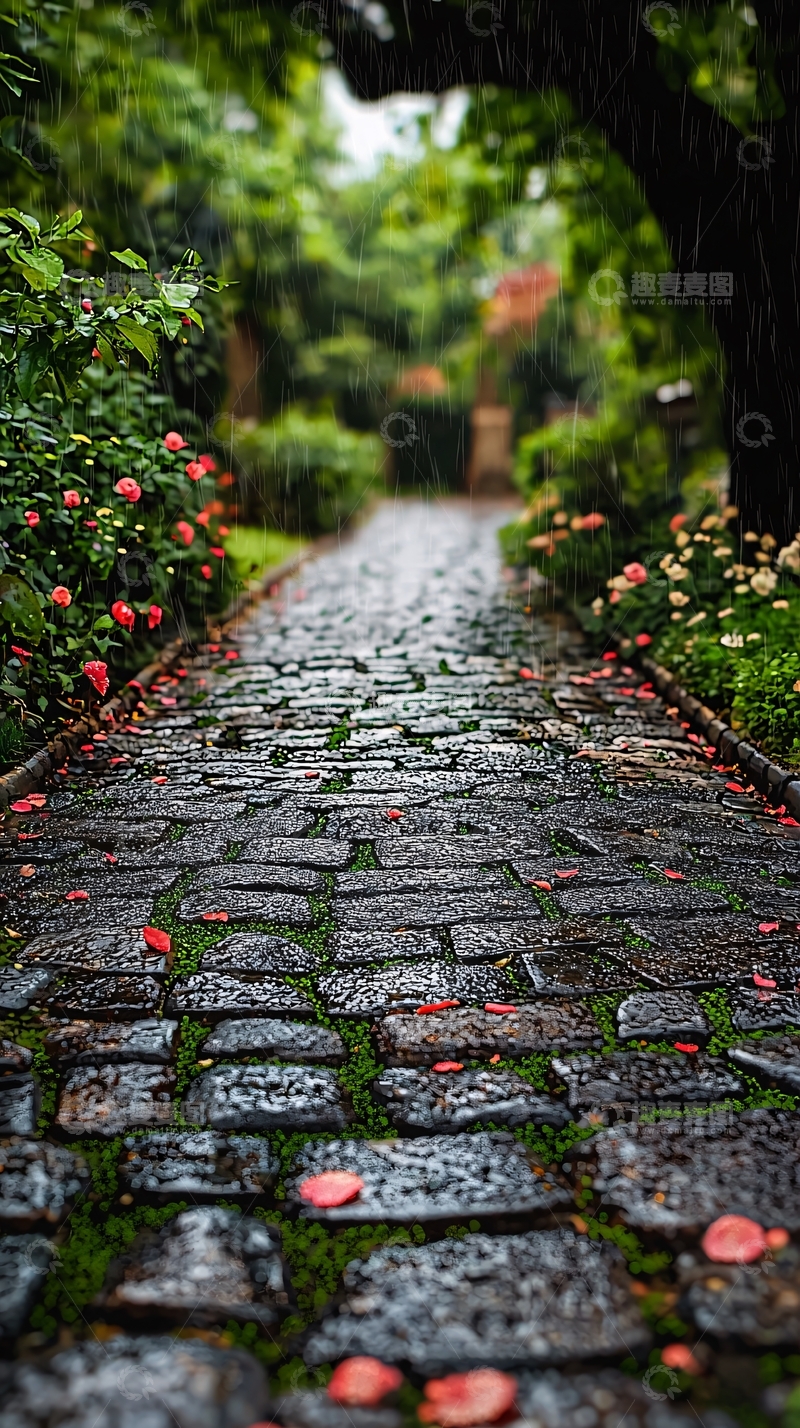 高清大图下载【趣麦麦图】雨后花园石板路