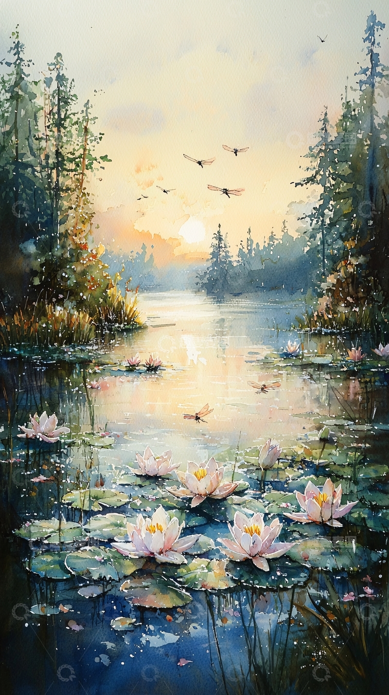 高清大图下载【趣麦麦图】日落湖泊荷花风景画