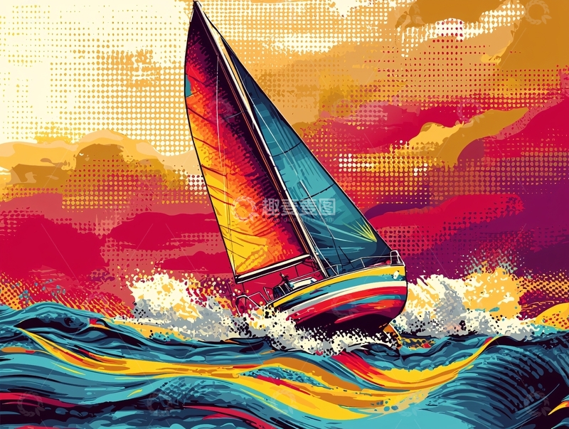 高清大图下载【趣麦麦图】-彩色帆船海浪日落