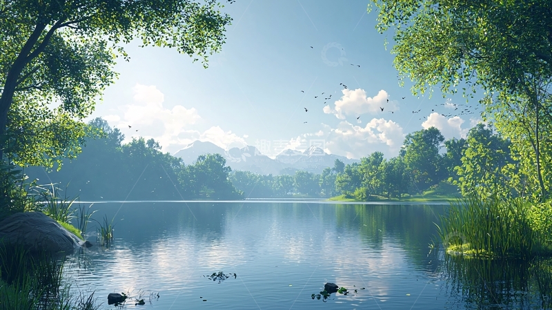 高清大图下载【趣麦麦图】阳光明媚的森林湖泊
