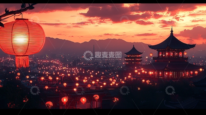 高清大图下载【趣麦麦图】夕阳下的中国古城