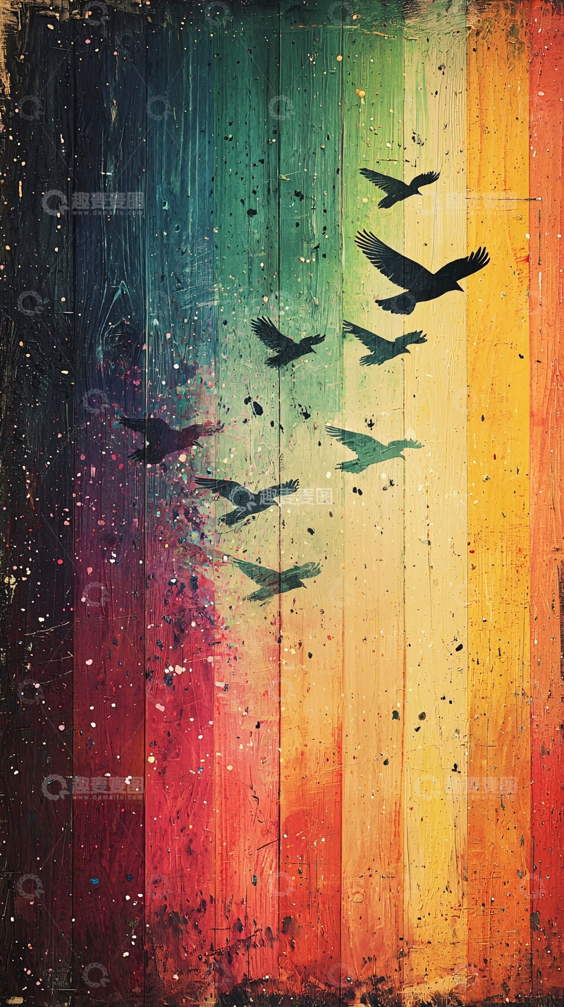 高清大图下载【趣麦麦图】彩虹木纹背景飞鸟剪影