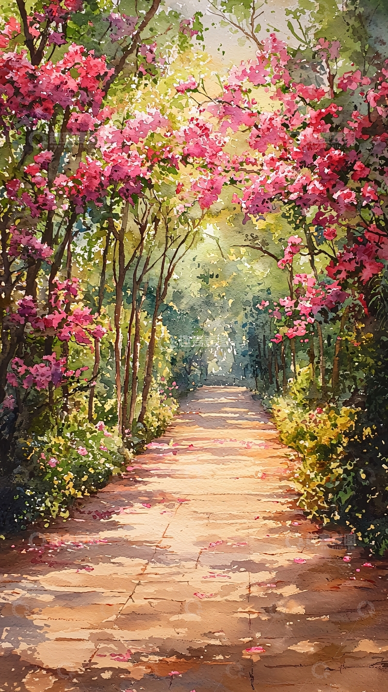 高清大图下载【趣麦麦图】粉色花朵树荫小路