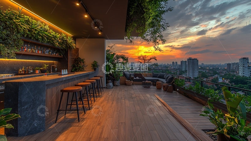 高清大图下载【趣麦麦图】露台酒吧日落城市景观