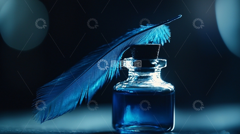 高清大图下载【趣麦麦图】蓝色羽毛笔墨水瓶