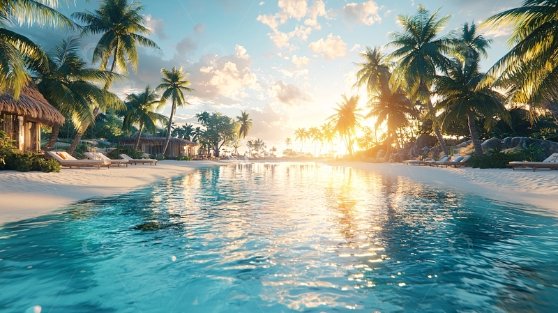 高清大图下载【趣麦麦图】热带海滩度假村日落