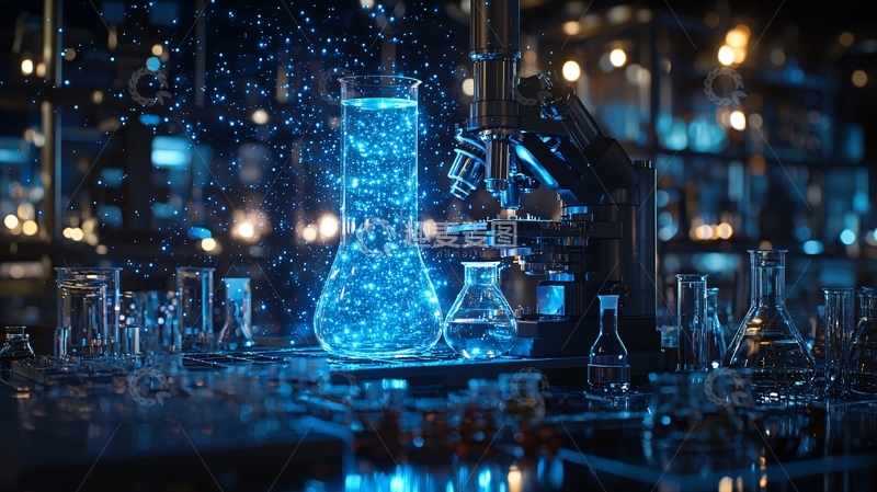 高清大图下载【趣麦麦图】科技感蓝色液体在烧瓶中