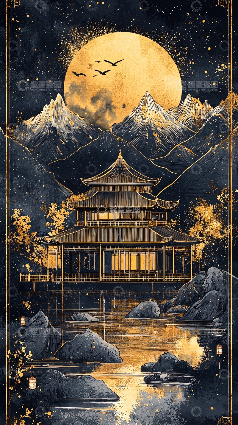 高清大图下载【趣麦麦图】夜幕下的金色中式建筑