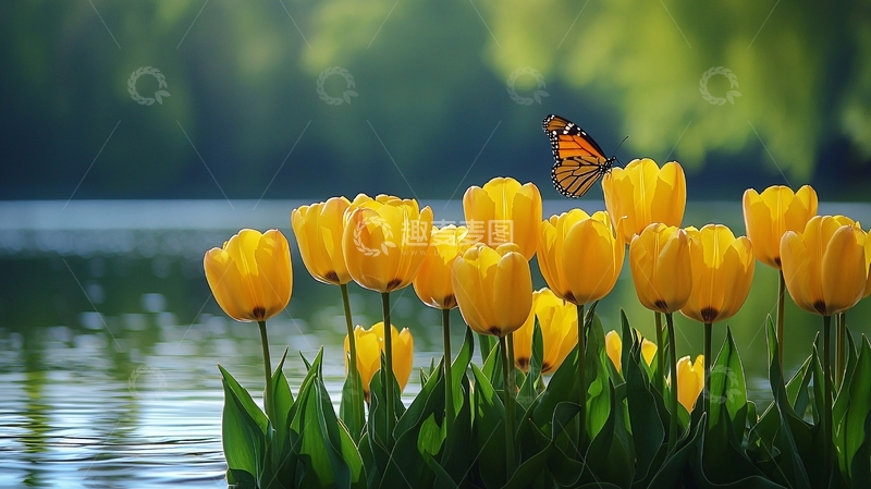 高清大图下载【趣麦麦图】黄郁金香与蝴蝶湖边