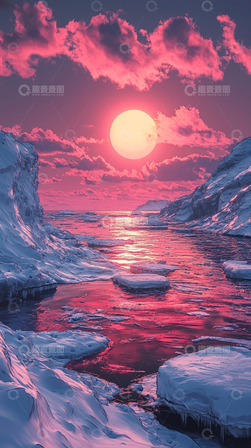 高清大图下载【趣麦麦图】极地粉色落日冰川景色