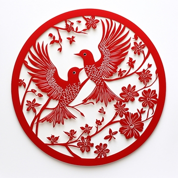 红纸剪纸双鸟