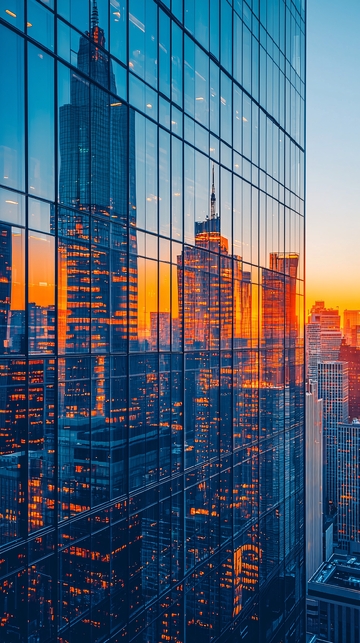 摩天大楼日落倒影