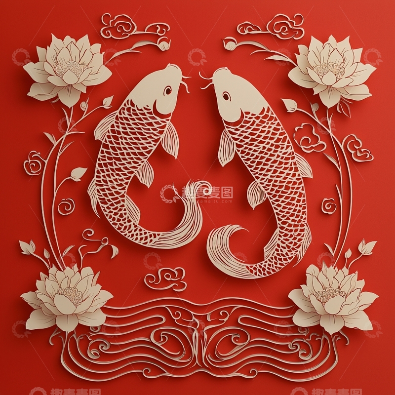 高清大图下载【趣麦麦图】红底白鲤鱼荷花纹样