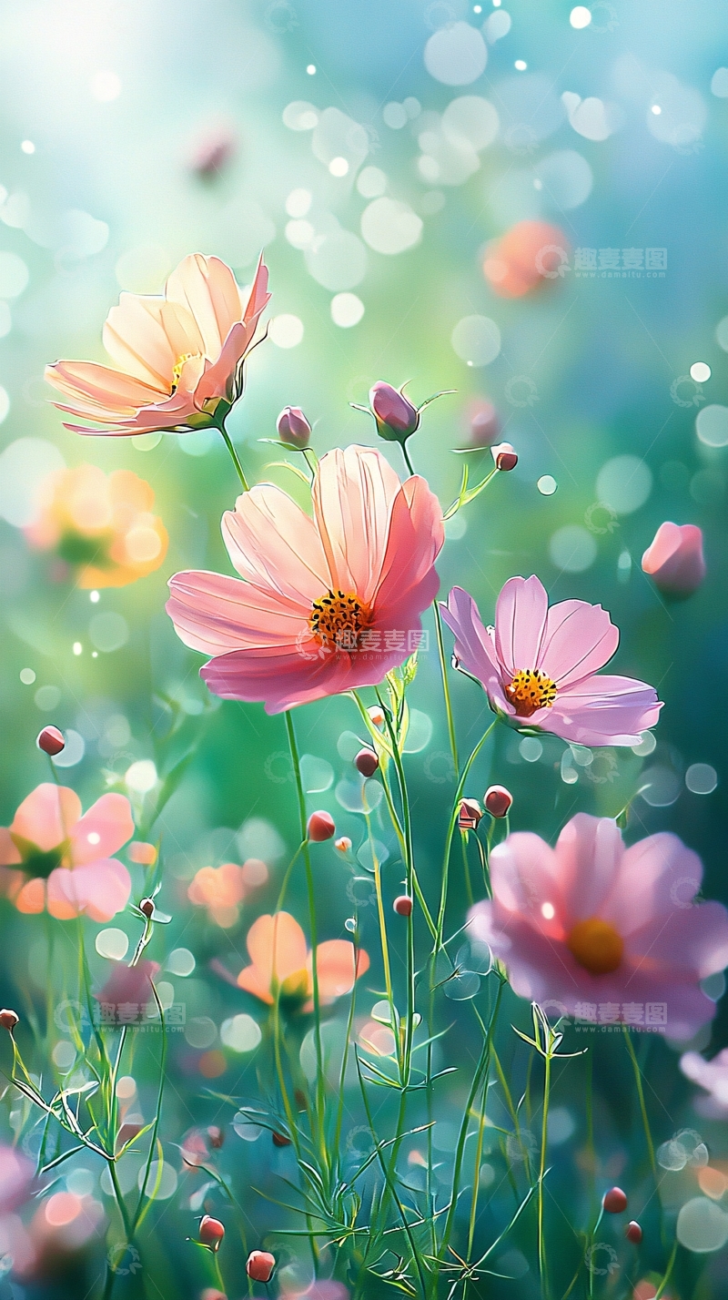 高清大图下载【趣麦麦图】阳光下的粉色波斯菊花田