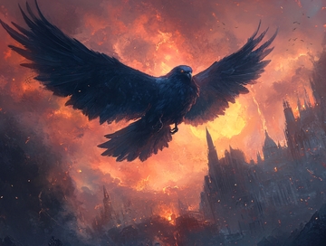 燃烧天空下的黑色乌鸦