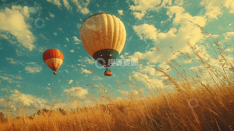 高清大图下载【趣麦麦图】热气球在金色的田野上空
