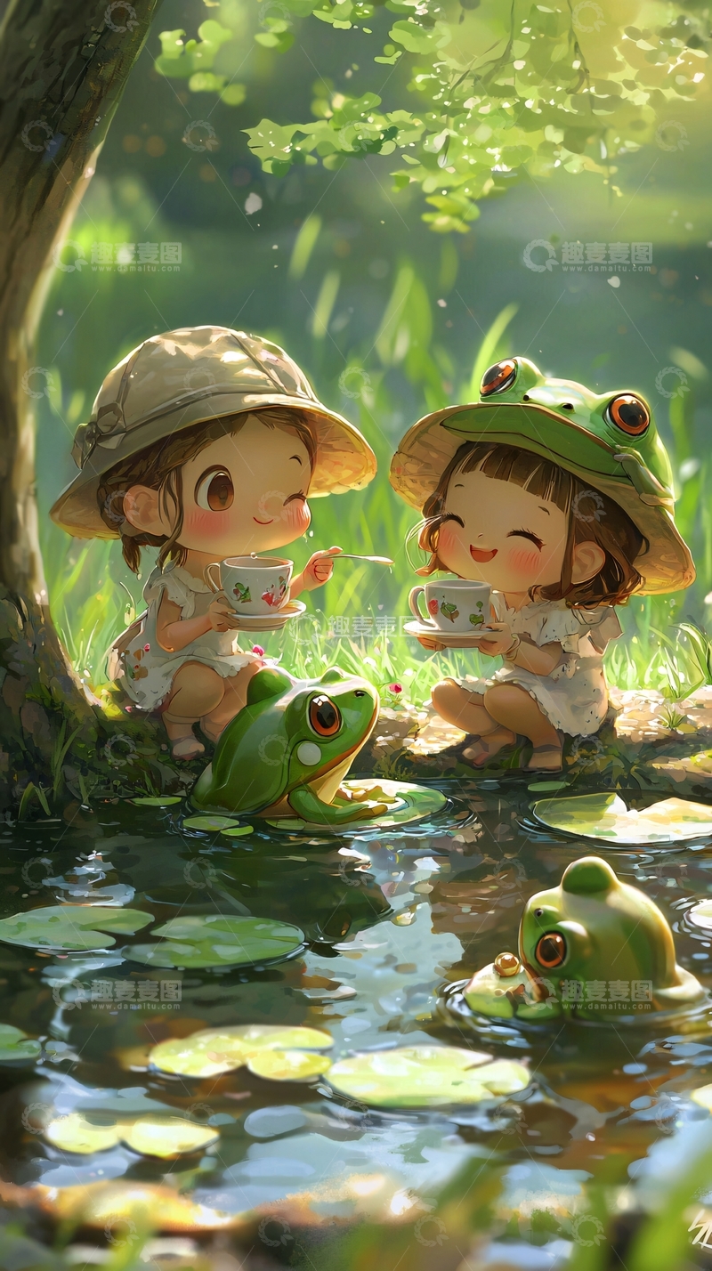 高清大图下载【趣麦麦图】可爱女孩与青蛙喝茶