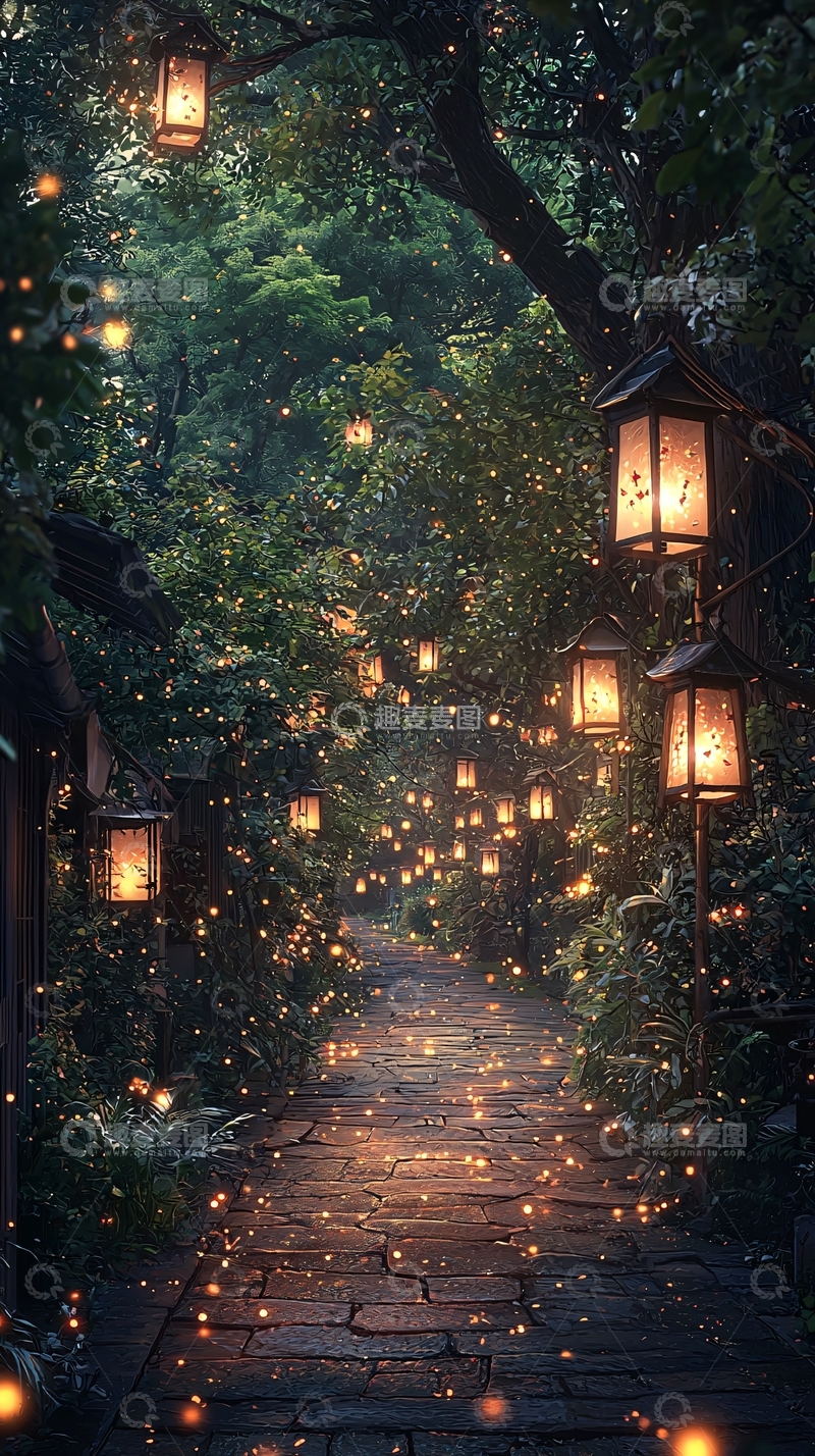 高清大图下载【趣麦麦图】森林小路灯光唯美夜晚