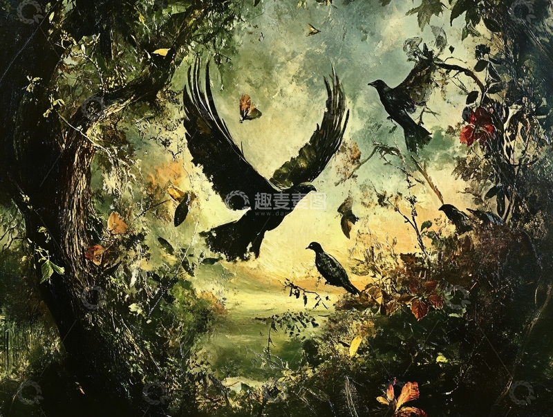 高清大图下载【趣麦麦图】黑暗森林乌鸦飞翔