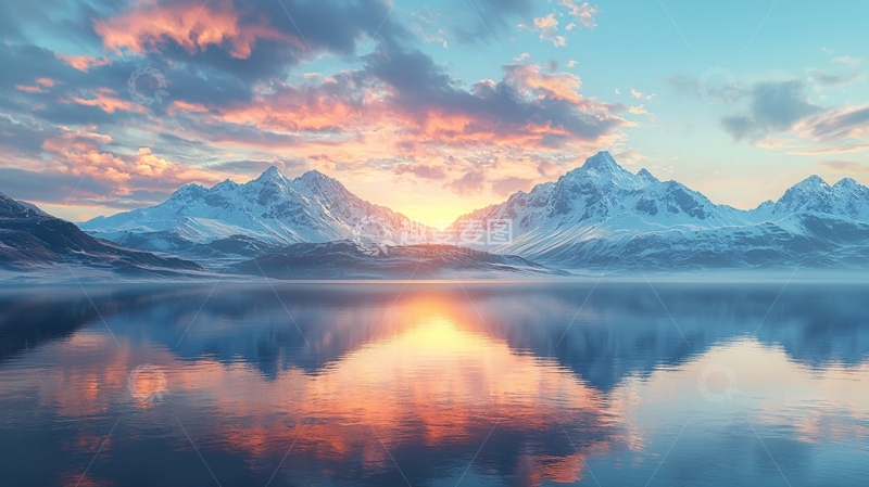 高清大图下载【趣麦麦图】雪山日出湖面倒影