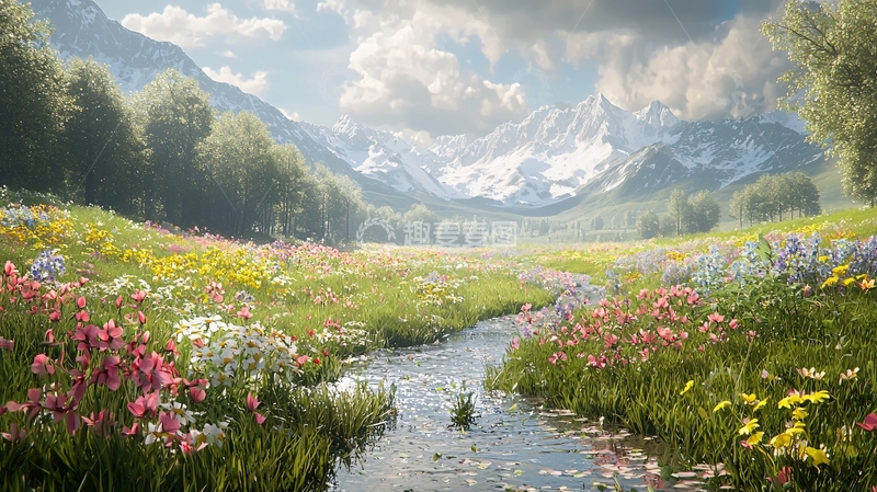 高清大图下载【趣麦麦图】山谷溪流鲜花盛开